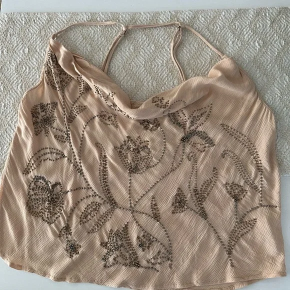 Free People Waiting For You Embellishing Beaded Tan Cami Cowl Neck Adjustable L - Picture 10 of 16